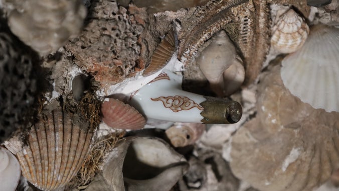The metal-tipped teapot spout set into the Shell Gallery wall, A la Ronde, Devon.